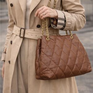 Brown Quilted Tote Bag with Chain Straps